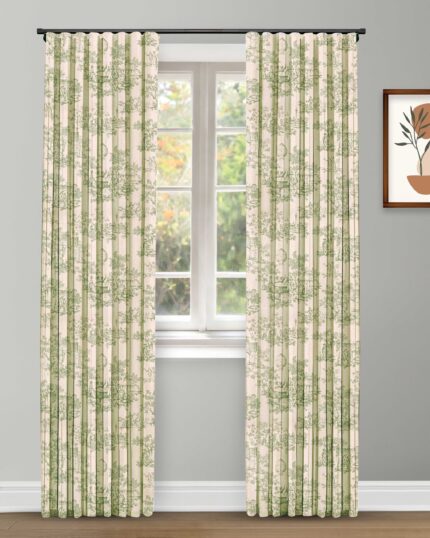 French Toile - Sea Green Ripple Fold Drapes