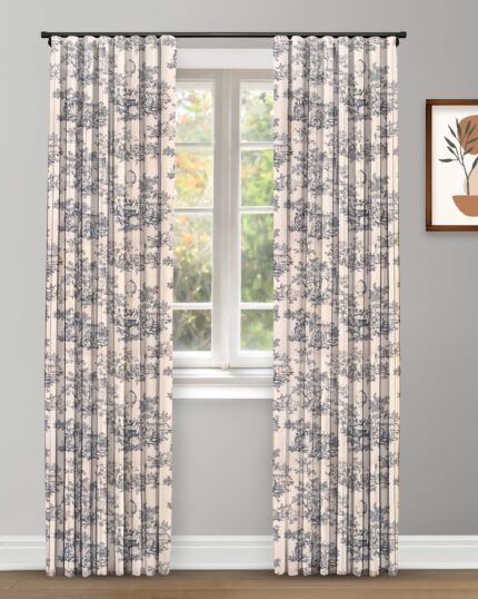 French Toile - Steel Blue Ripple Fold Drapes