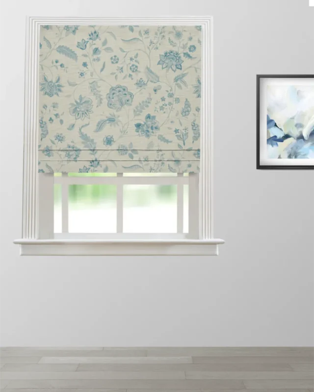 Roman Shades | Blooming Spring - Linen Blue - Roman Shade | Curtain Avenue