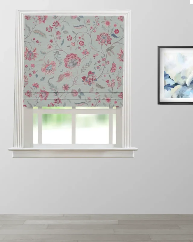 Roman Shades | Blooming Spring - Rosy Aqua - Roman Shade | Curtain Avenue