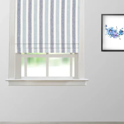 Roman Shades | French Stripes - Blue Roman Shade Shot. | Curtain Avenue