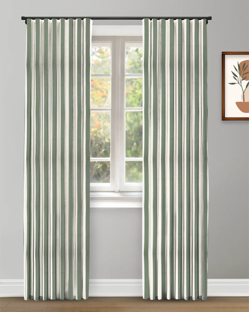 Vintage Linen Stripes- Khaki Green-Curtain Vintage Linen Stripes - Khaki Green Custom Curtains - Image 1