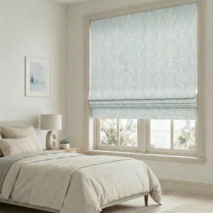 Hailey-Damask-Patterned-Sky-Blue-Roman-Shade | Curtain Avenue