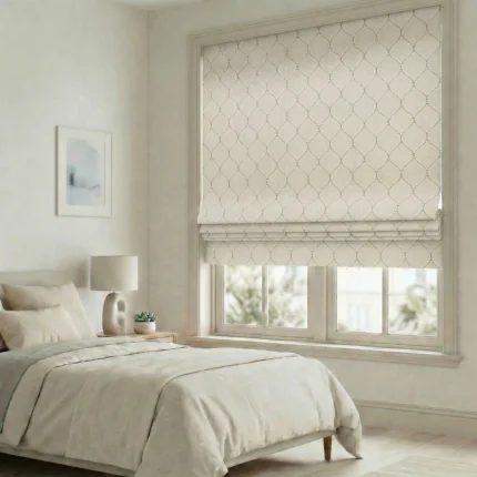 Lucy-Embroiderd-Trellis-Beige-Gold-Roman-Shade | Curtain Avenue