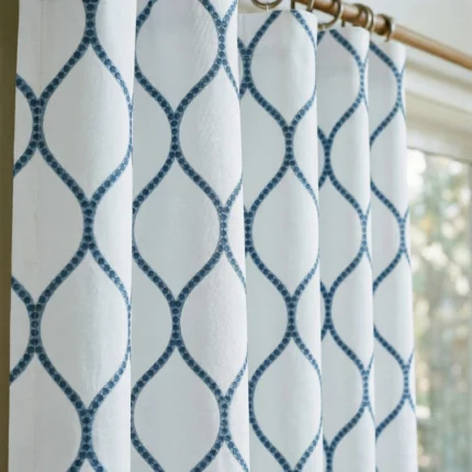 Lucy-Embroiderd-Trellis-Navy-White-Close-up-Curtains | Curtain Avenue