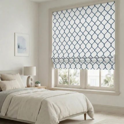 Lucy-Embroiderd-Trellis-Navy-White-Roman-Shade | Curtain Avenue