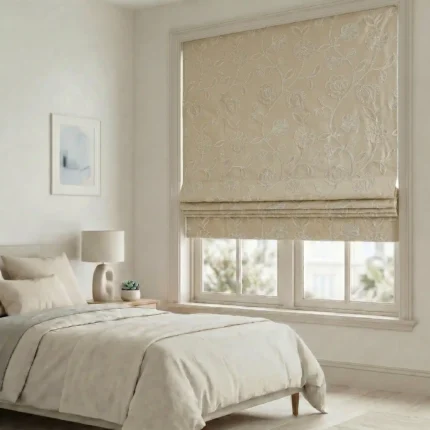 Ruby-Floral-Embroidered-Beige-Brown-Roman-Shade | Curtain Avenue